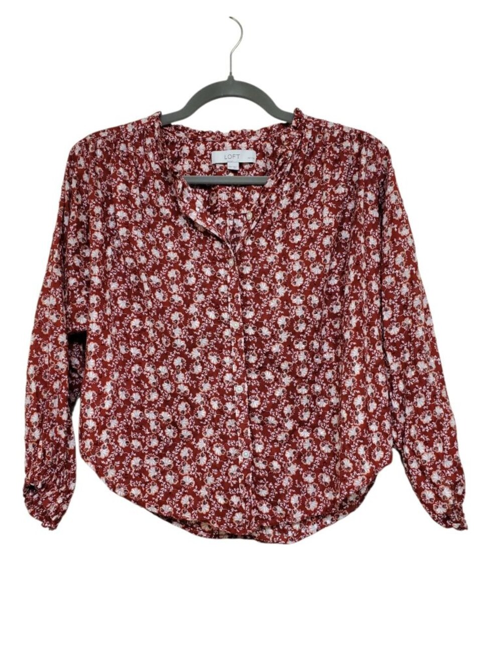 LOFT Petites Rust White Retro Print Textured Long Sleeve Button Up‎ Shirt XXSP
